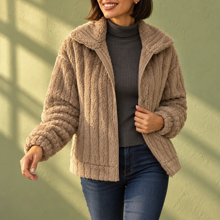 Donna Plush Ribbed Fleece Notch Collar Jacket - Khaki