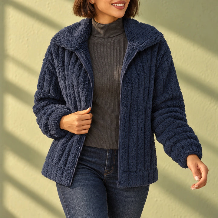 Donna Plush Ribbed Fleece Notch Collar Jacket - Navy Blue