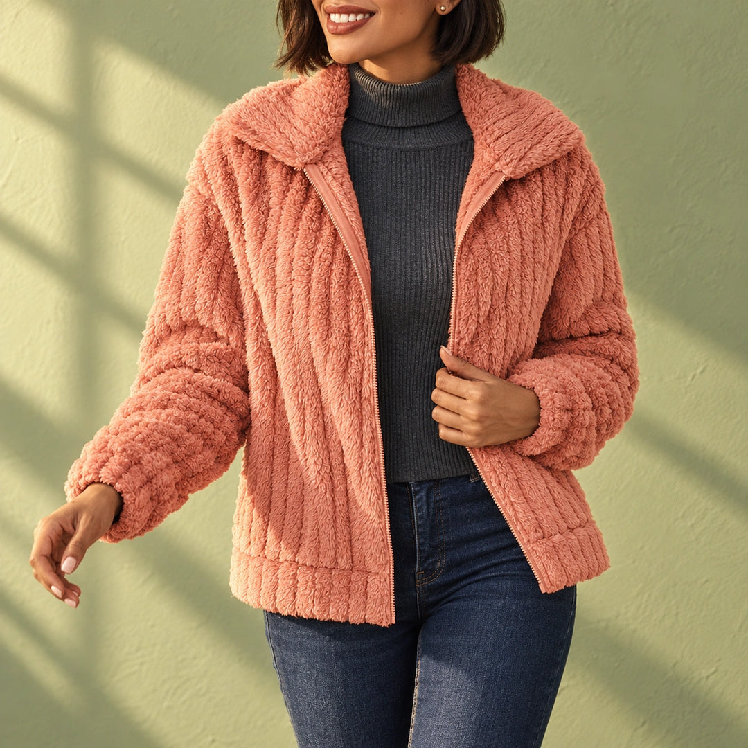 Donna Plush Ribbed Fleece Notch Collar Jacket - Rose