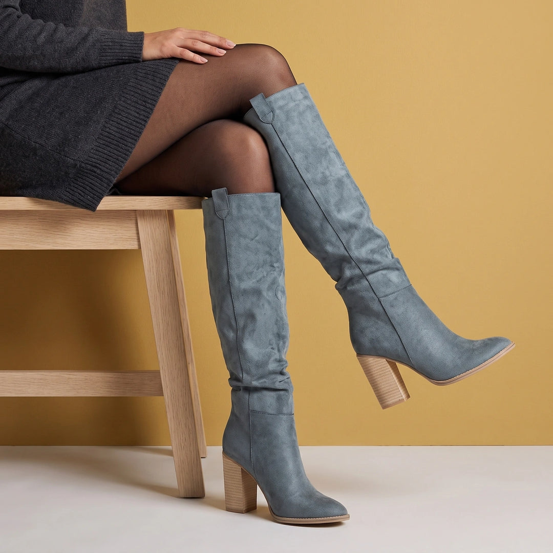 Dorotea Pull On Stacked Block Heel Knee Boots - Gray