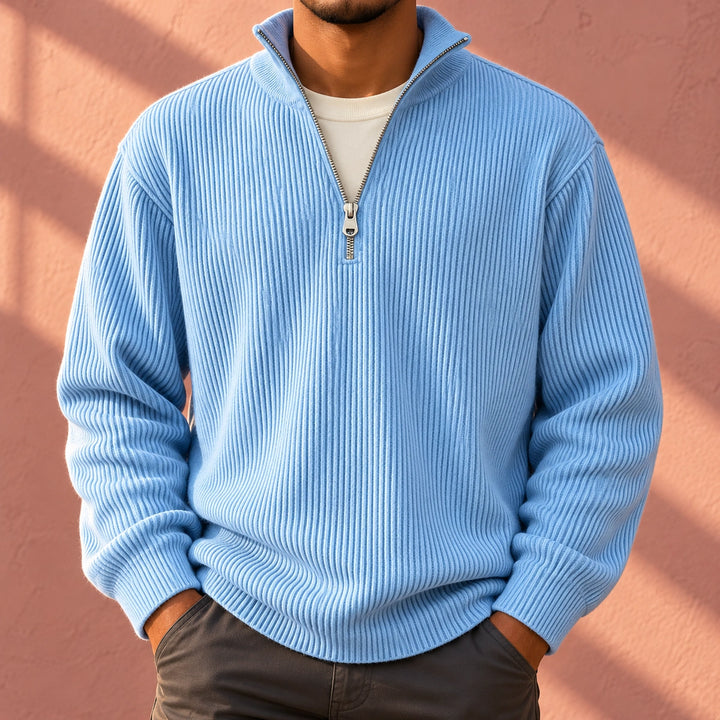 Drew Ribbed Knit Stand Collar Quarter Zip Sweater - Blue