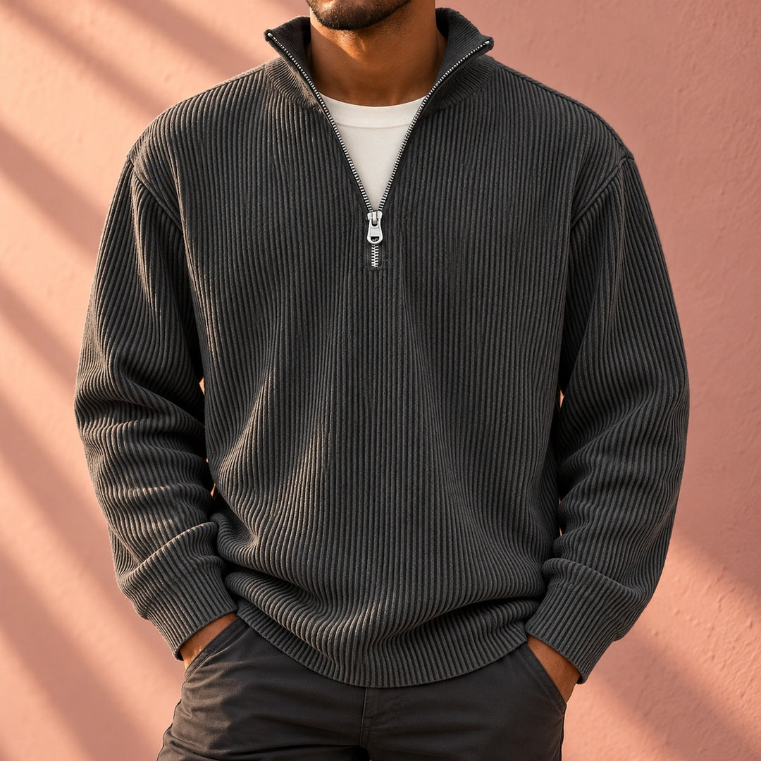 Drew Ribbed Knit Stand Collar Quarter Zip Sweater - Gray