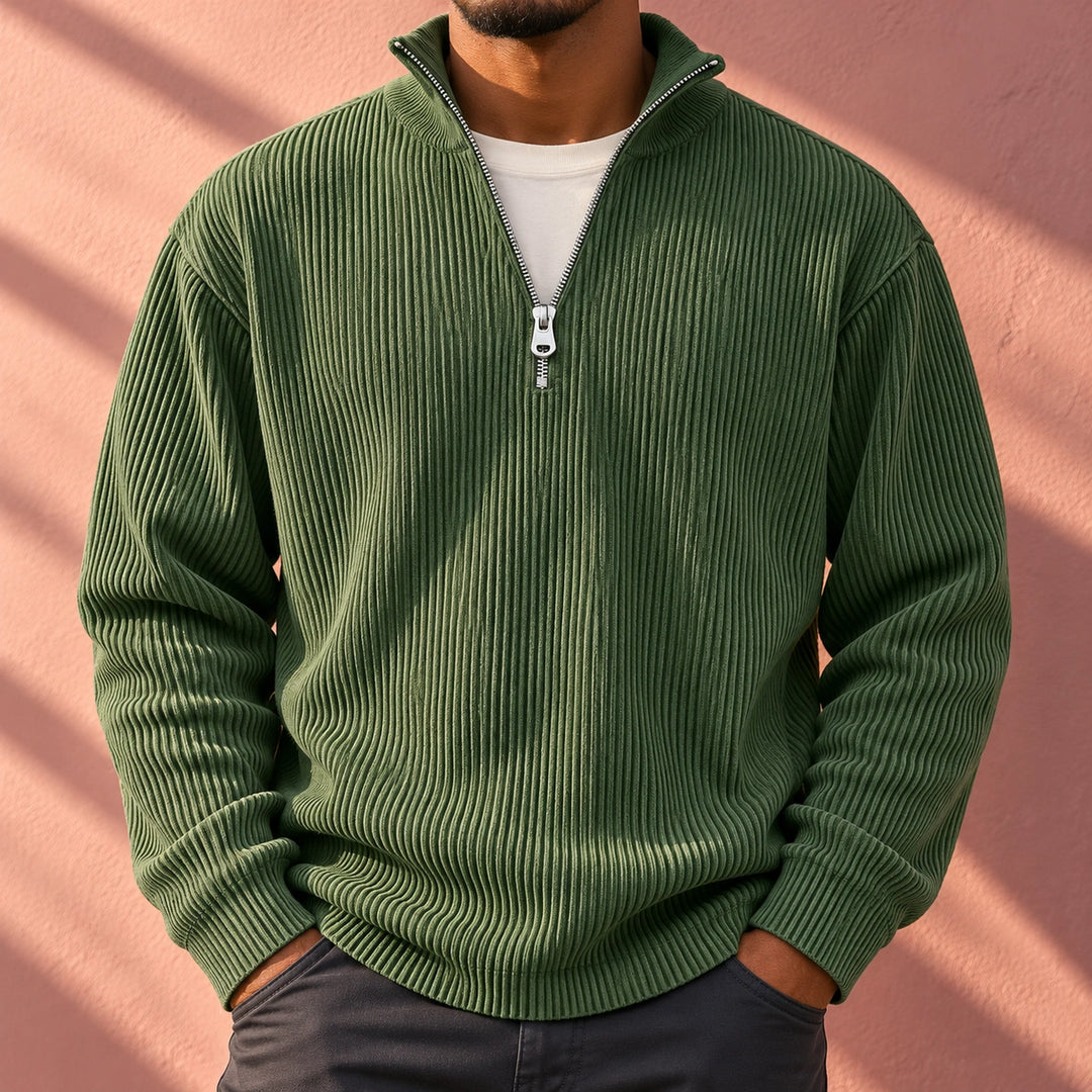 Drew Ribbed Knit Stand Collar Quarter Zip Sweater - Green