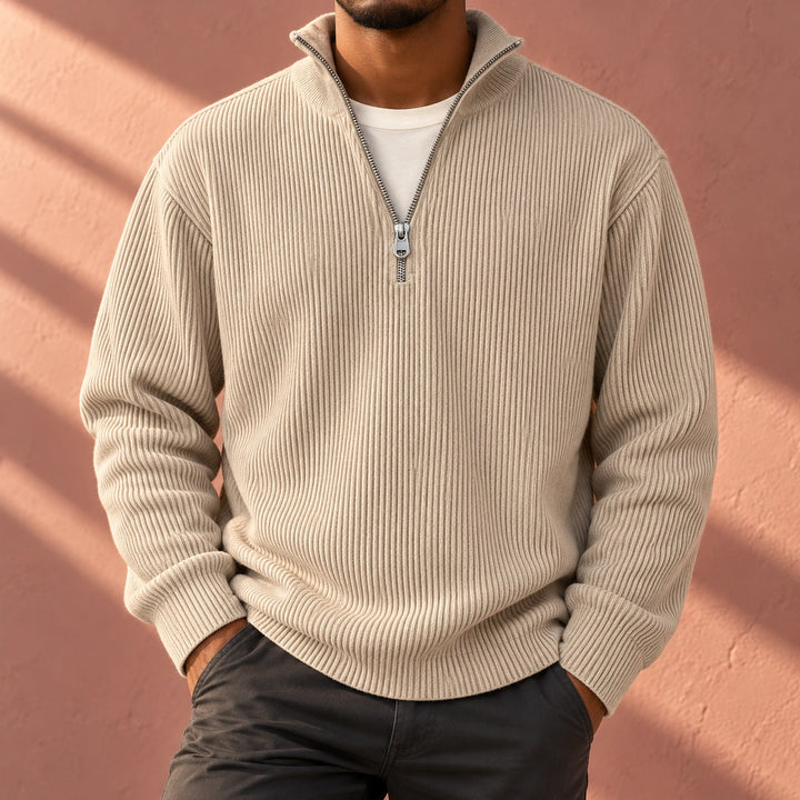 Drew Ribbed Knit Stand Collar Quarter Zip Sweater - Khaki
