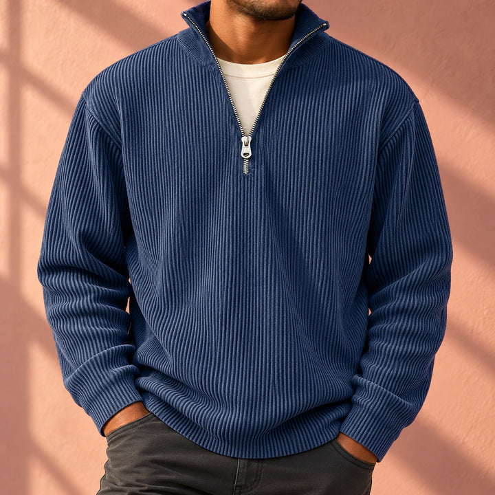 Drew Ribbed Knit Stand Collar Quarter Zip Sweater - Navy Blue