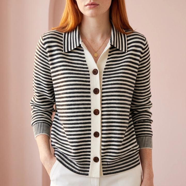 Dulcie Striped Knit Collared Button Cardigan - Black