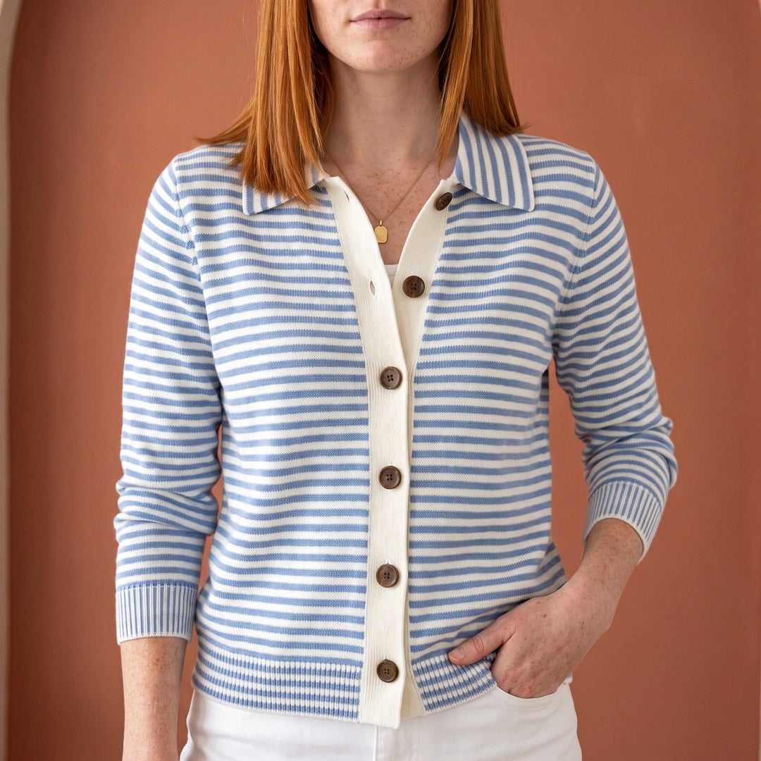 Dulcie Striped Knit Collared Button Cardigan - Blue