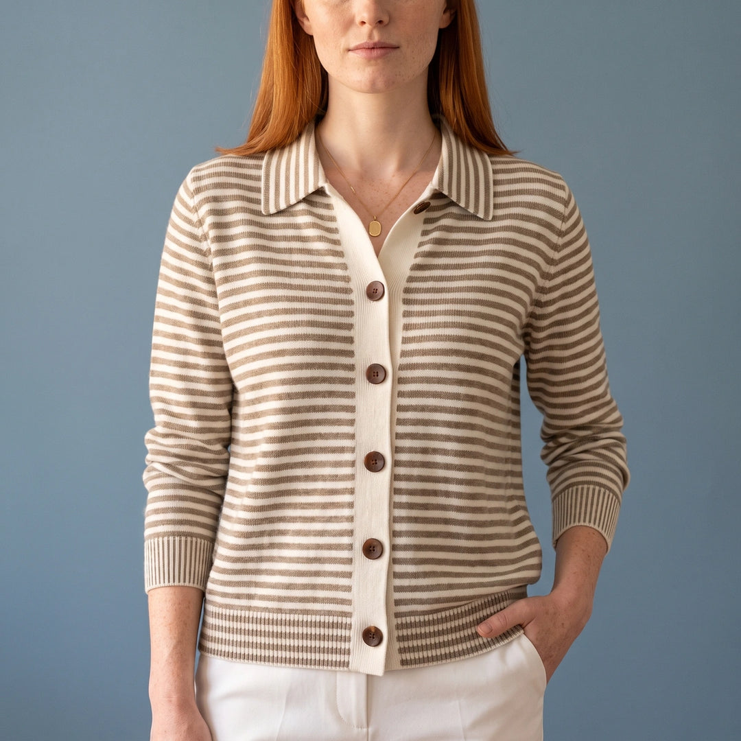 Dulcie Striped Knit Collared Button Cardigan - Brown