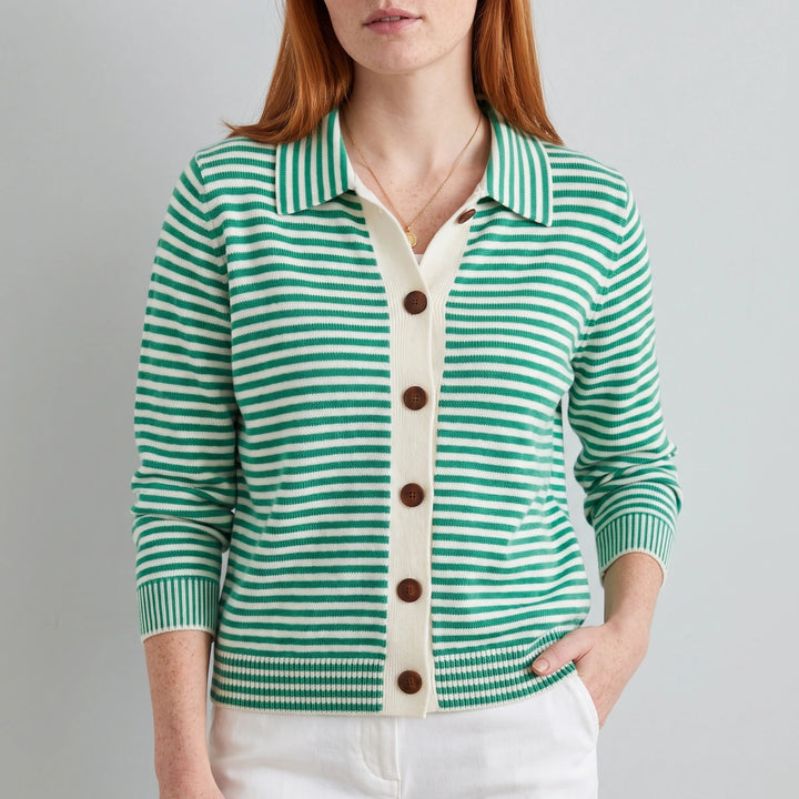 Dulcie Striped Knit Collared Button Cardigan - Green