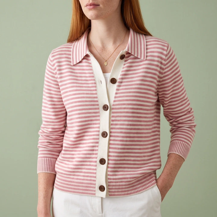 Dulcie Striped Knit Collared Button Cardigan - Pink