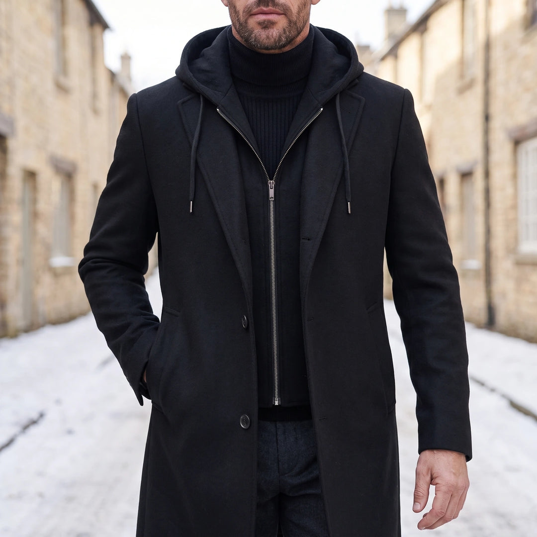 Edmondo Virgin Wool Detachable Hood Overcoat - Black