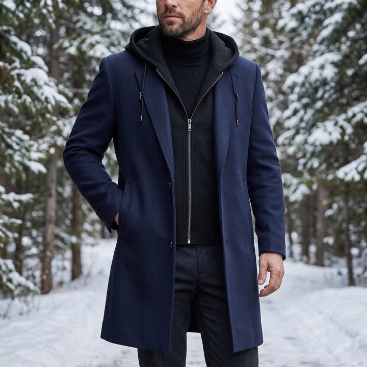 Edmondo Virgin Wool Detachable Hood Overcoat - Navy Blue