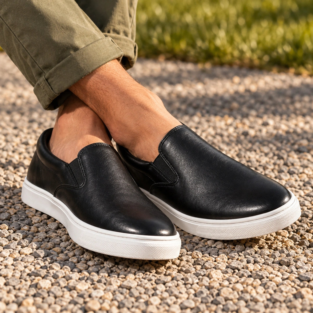 Edwin Elastic Side Vegan Leather Slip On Loafers - Black