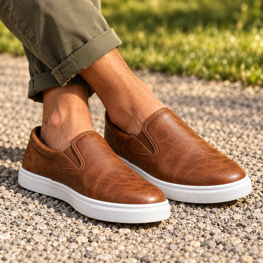 Edwin Elastic Side Vegan Leather Slip On Loafers - Brown