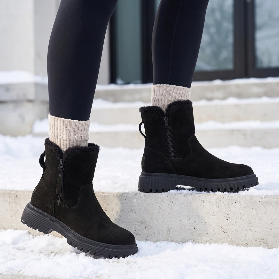 Edwina Sherpa Lined Faux Suede Slip On Ankle Boots - Black