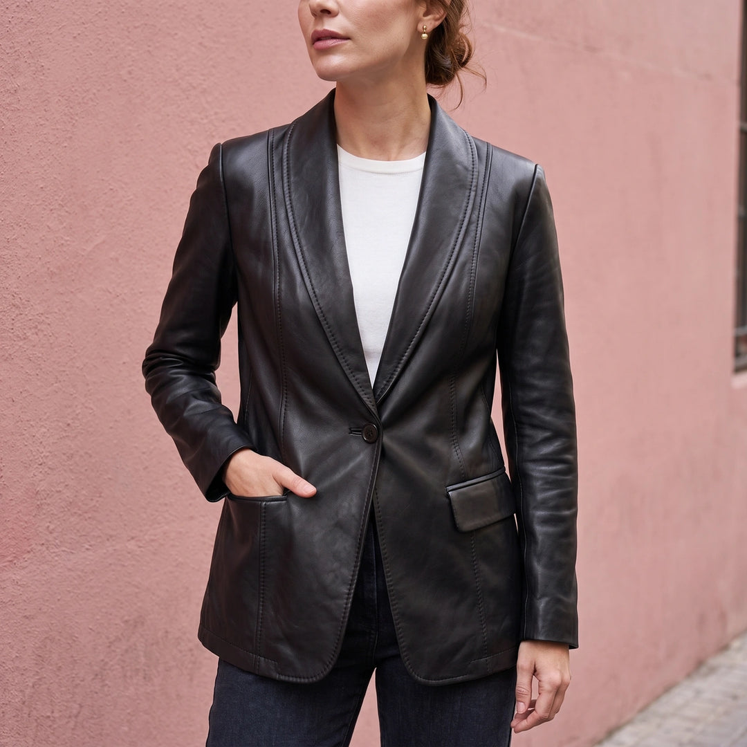 Eglantine Vegan Leather Longline Shawl Lapel Blazer - Black