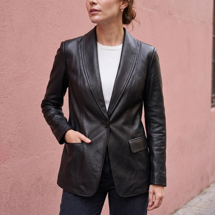 Eglantine Vegan Leather Longline Shawl Lapel Blazer - Black