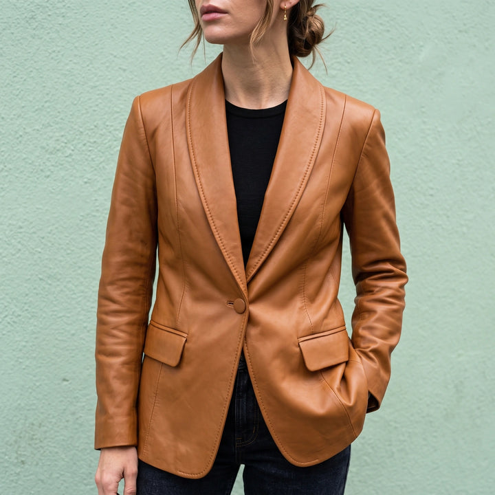 Eglantine Vegan Leather Longline Shawl Lapel Blazer - Brown
