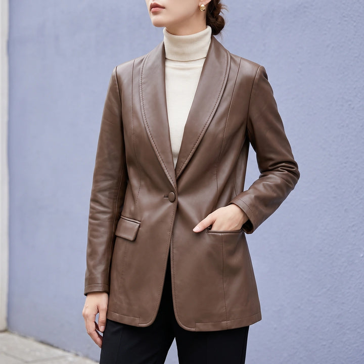 Eglantine Vegan Leather Longline Shawl Lapel Blazer - Dark Brown