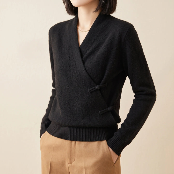 Elaine Merino Wool Wrap Front Sweater - Black