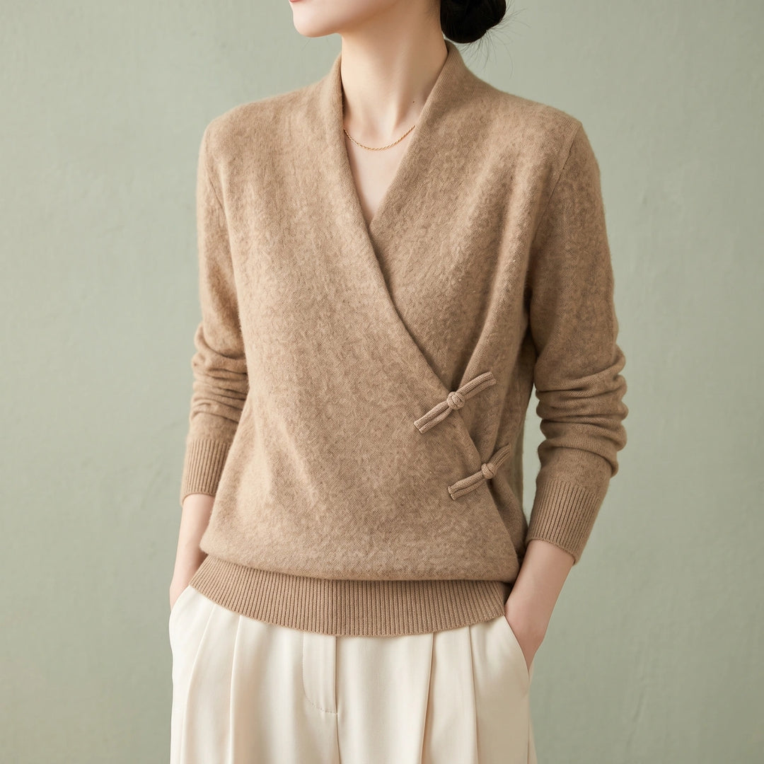 Elaine Merino Wool Wrap Front Sweater - Khaki