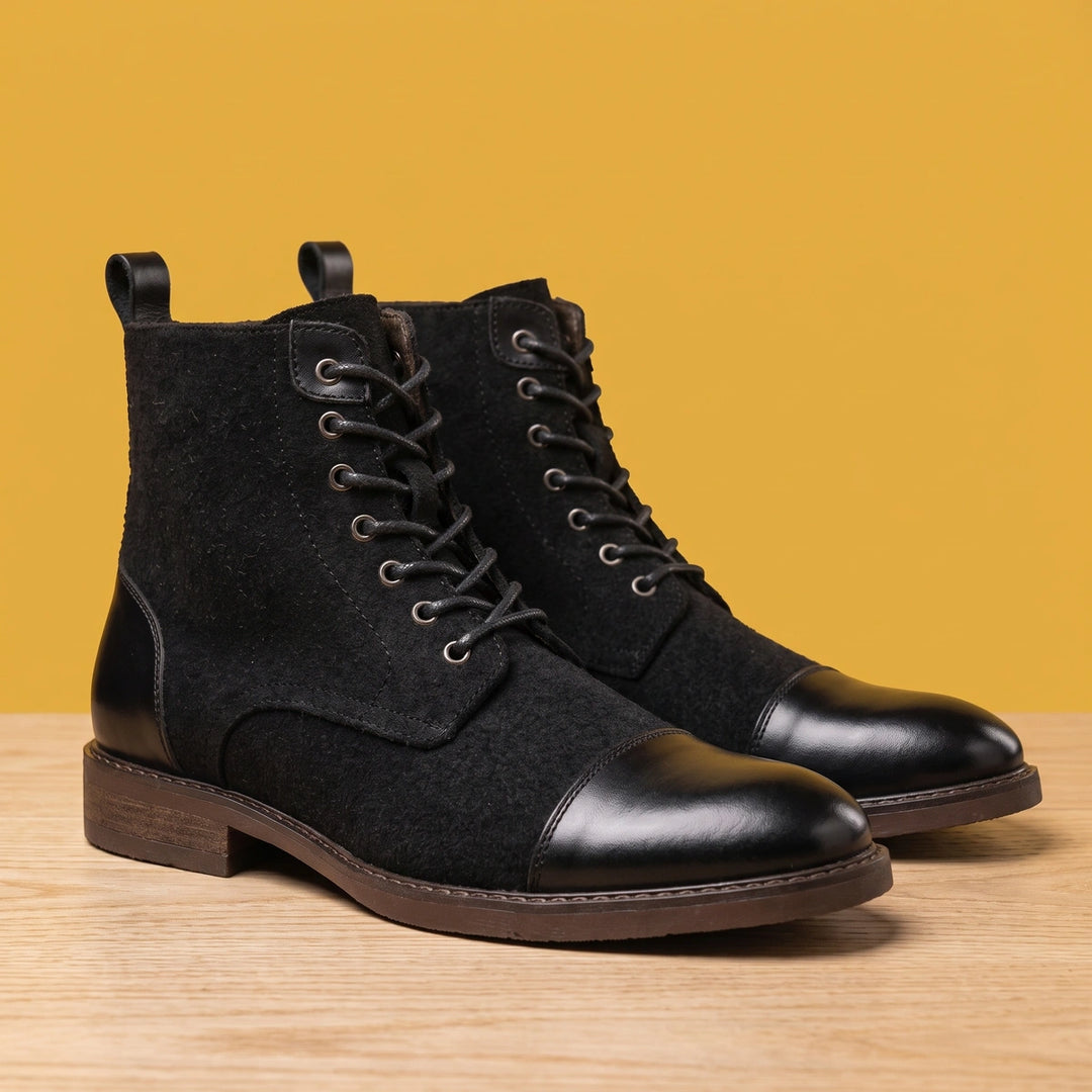 Erasmus Italian Leather Virgin Wool Cap Toe Boots - Black