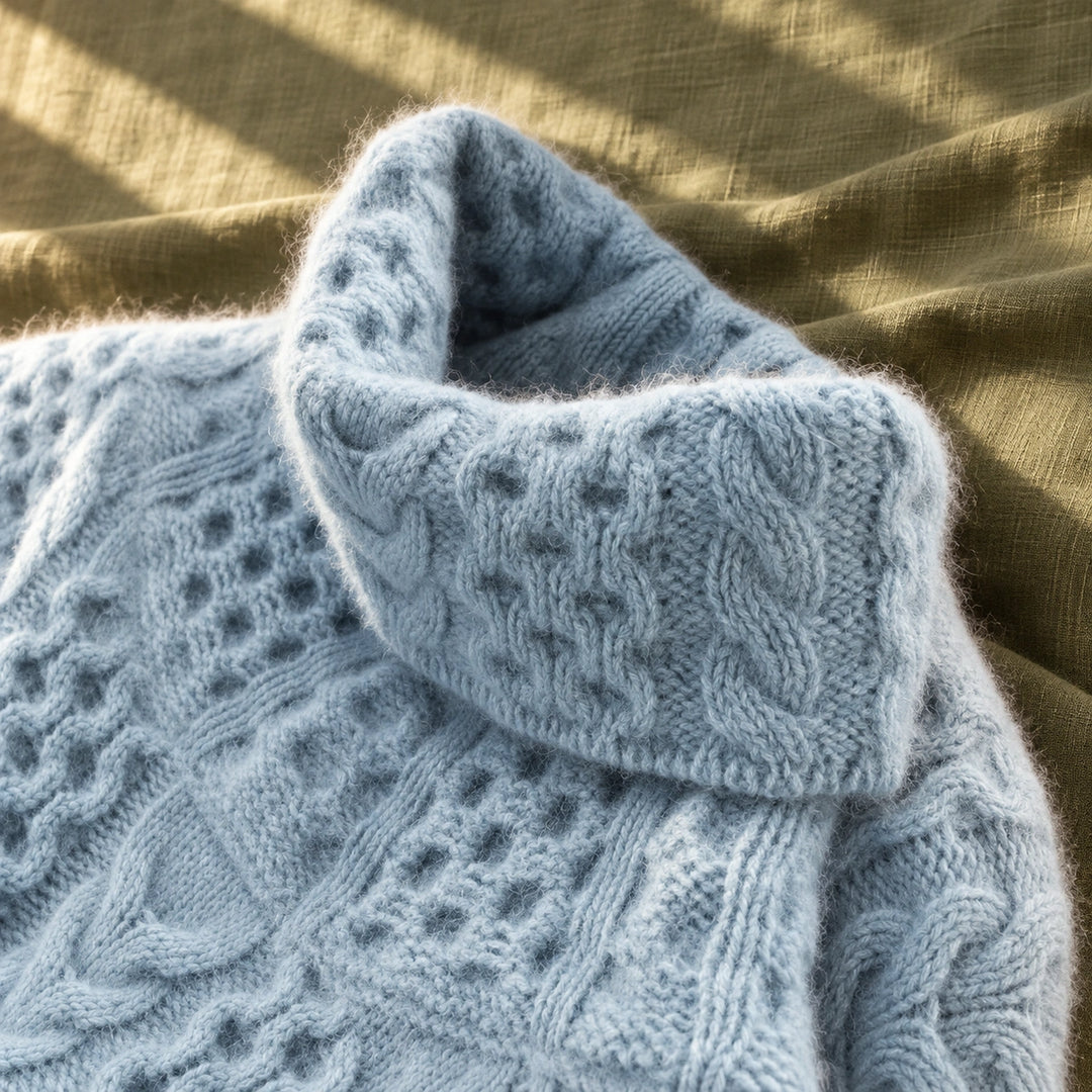 Erin Oversized Cable Knit Turtleneck Sweater - Pastel Blue