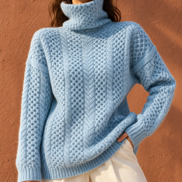 Erin Oversized Cable Knit Turtleneck Sweater - Pastel Blue