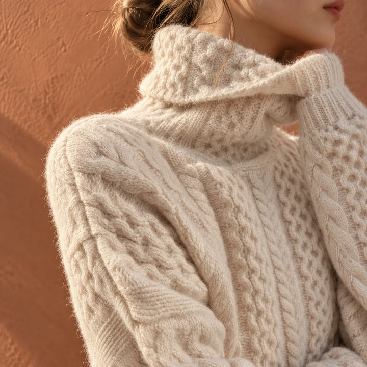 Erin Oversized Cable Knit Turtleneck Sweater - Peach