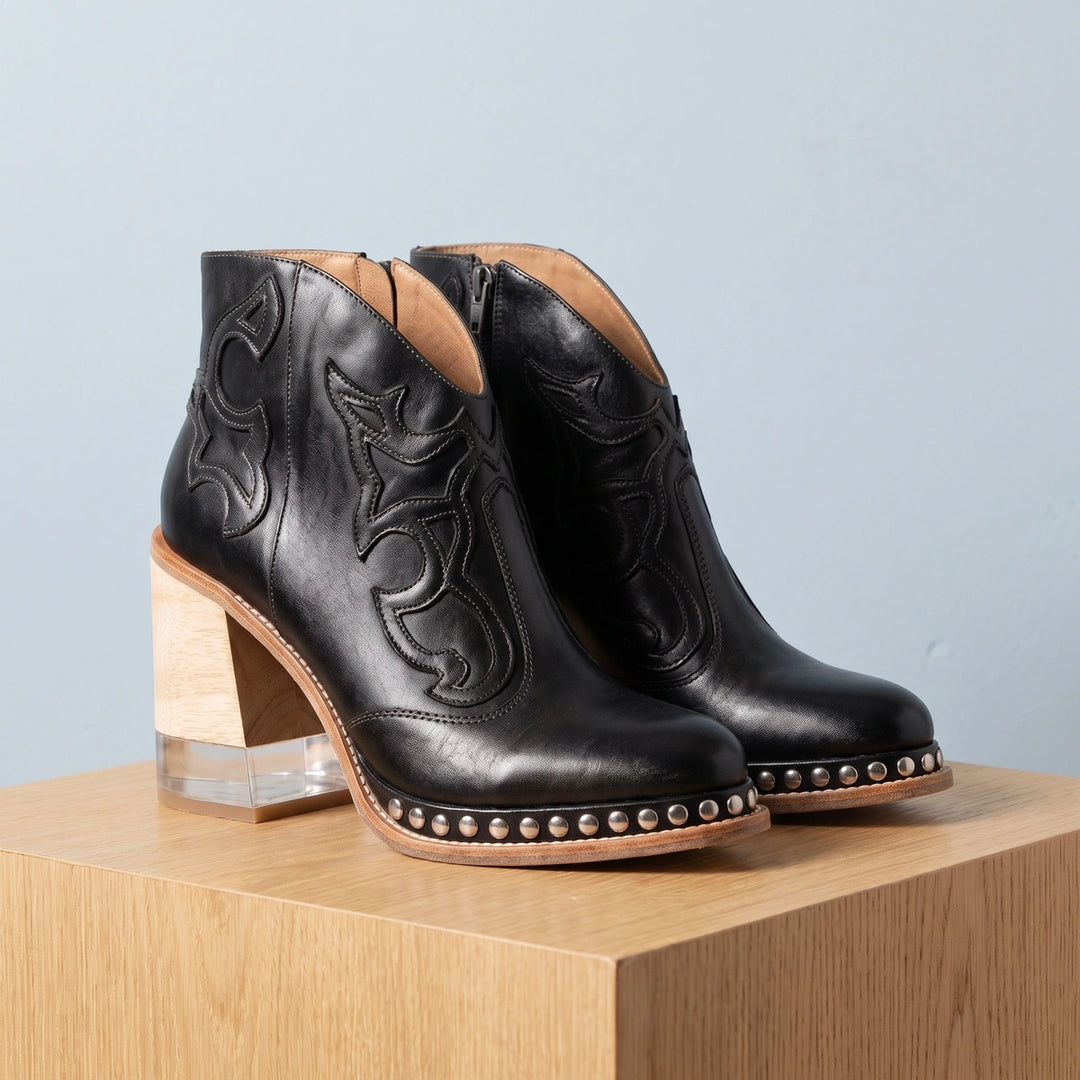 Esmeralda Western Studded Welt Block Heel Ankle Boots - Black