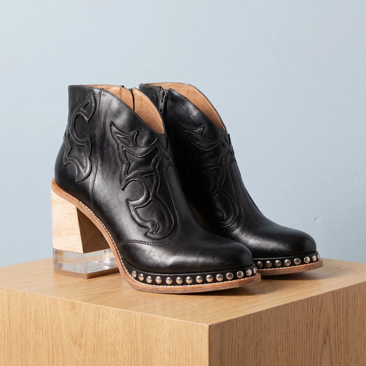 Esmeralda Western Studded Welt Block Heel Ankle Boots - Black