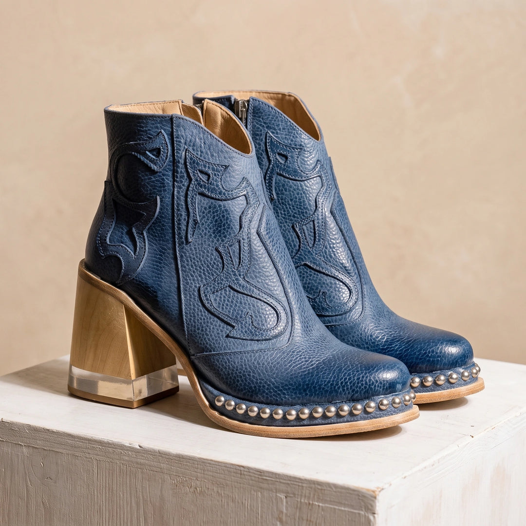 Esmeralda Western Studded Welt Block Heel Ankle Boots - Blue