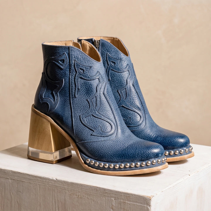 Esmeralda Western Studded Welt Block Heel Ankle Boots - Blue
