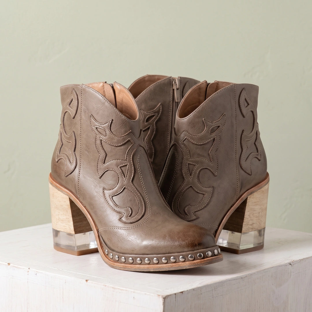 Esmeralda Western Studded Welt Block Heel Ankle Boots - Brown