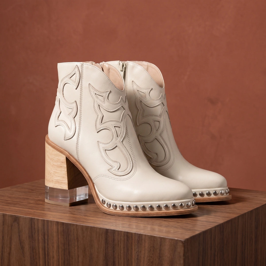 Esmeralda Western Studded Welt Block Heel Ankle Boots - White