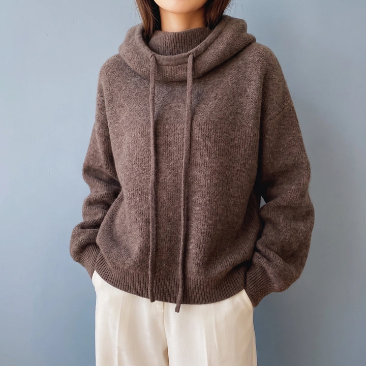 Esther Merino Wool Hooded Funnel Neck Sweater - Brown