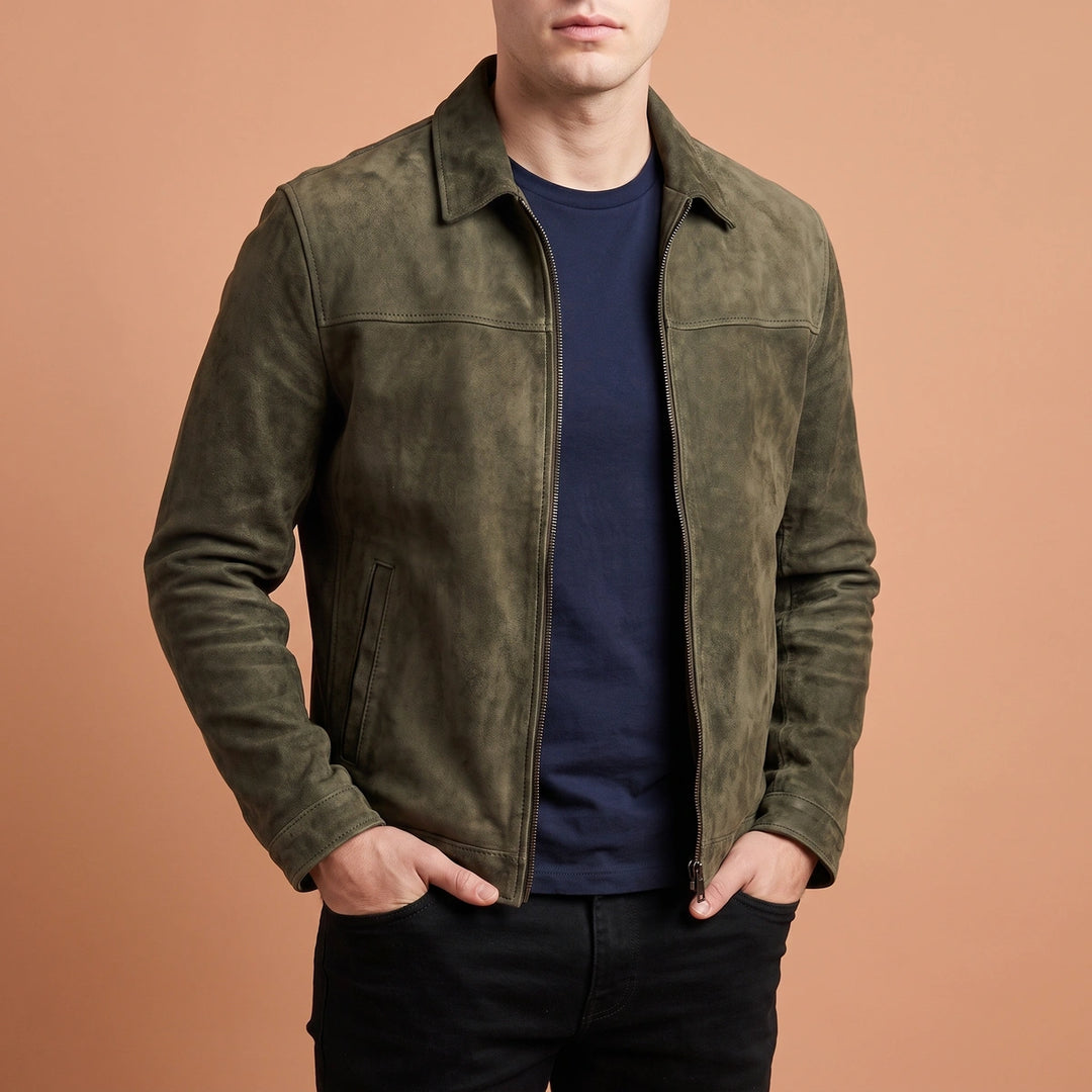 Ezra Genuine Leather Shirt Collar Zip Jacket - Army Green