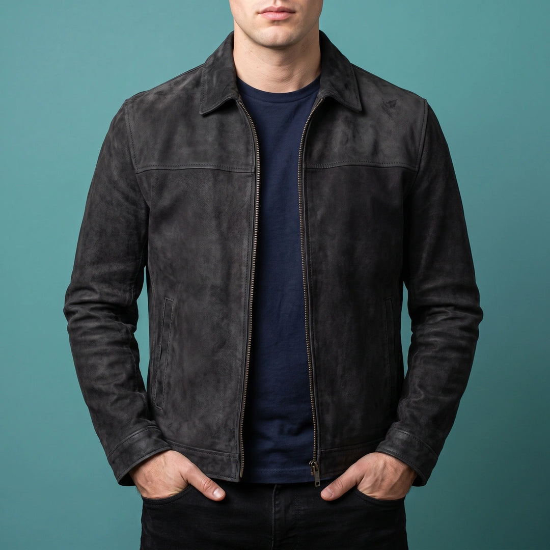 Ezra Genuine Leather Shirt Collar Zip Jacket - Black