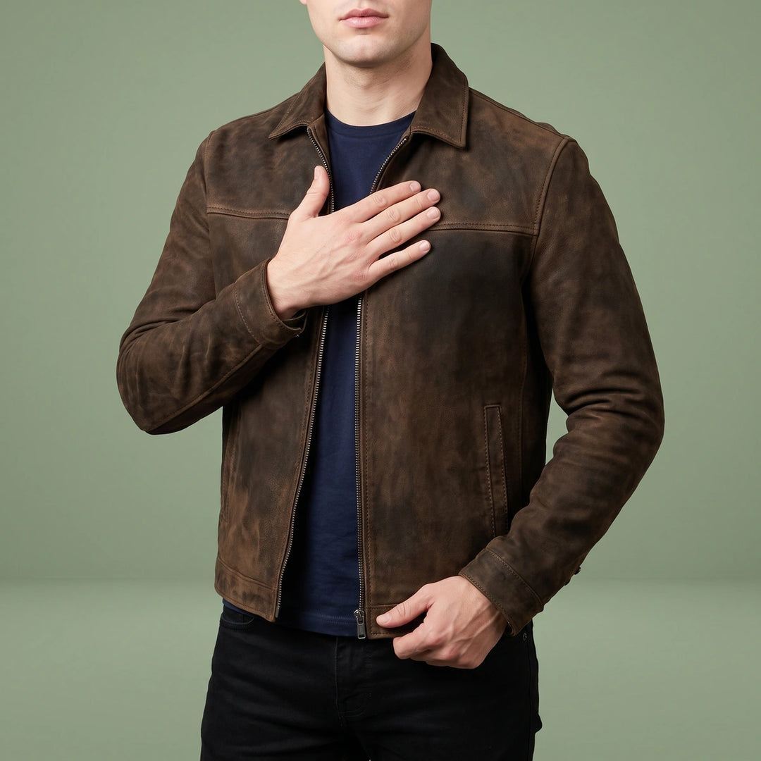 Ezra Genuine Leather Shirt Collar Zip Jacket - Brown