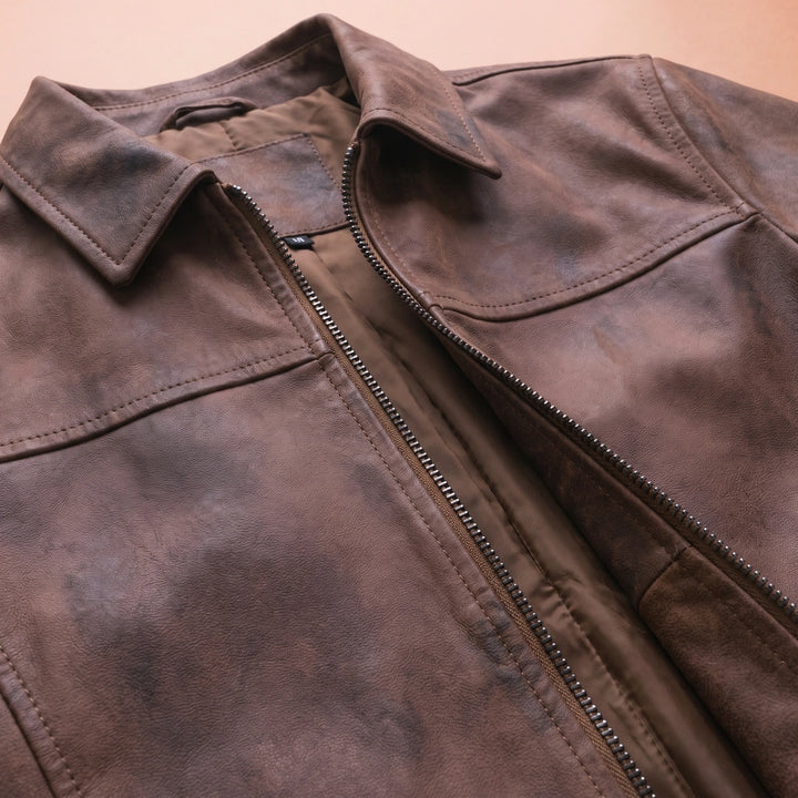 Ezra Genuine Leather Shirt Collar Zip Jacket - Brown