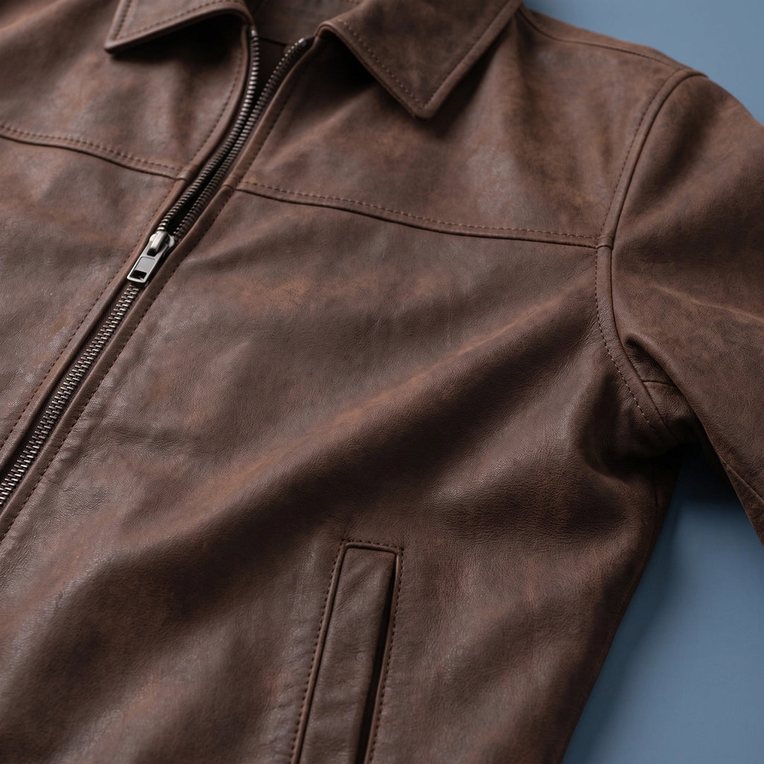 Ezra Genuine Leather Shirt Collar Zip Jacket - Brown