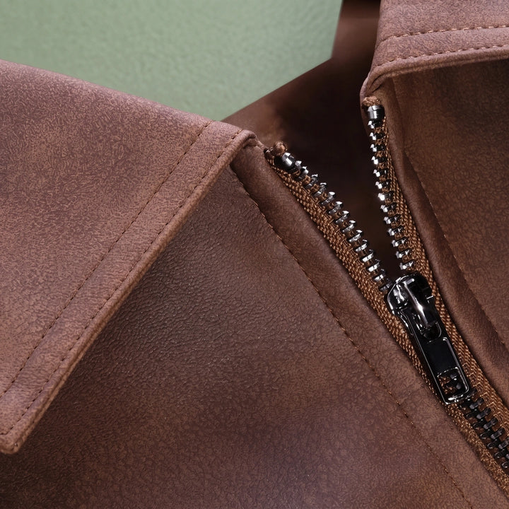 Ezra Genuine Leather Shirt Collar Zip Jacket - Brown
