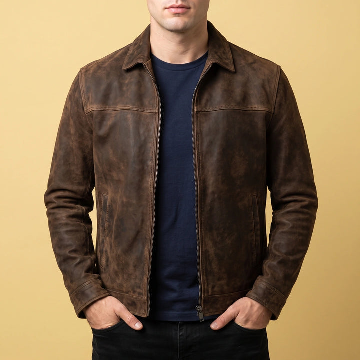 Ezra Genuine Leather Shirt Collar Zip Jacket - Brown