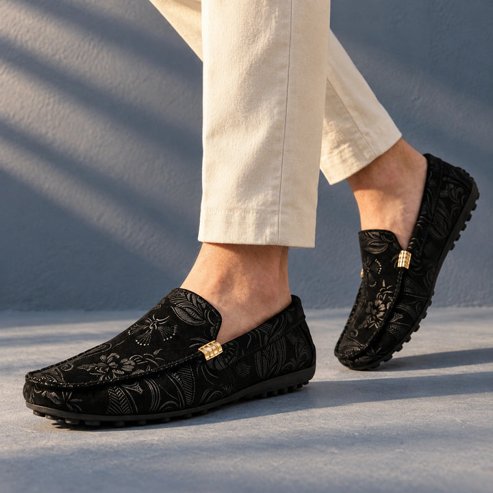 Fabien Paisley Jacquard Cloth Driving Loafers - Black