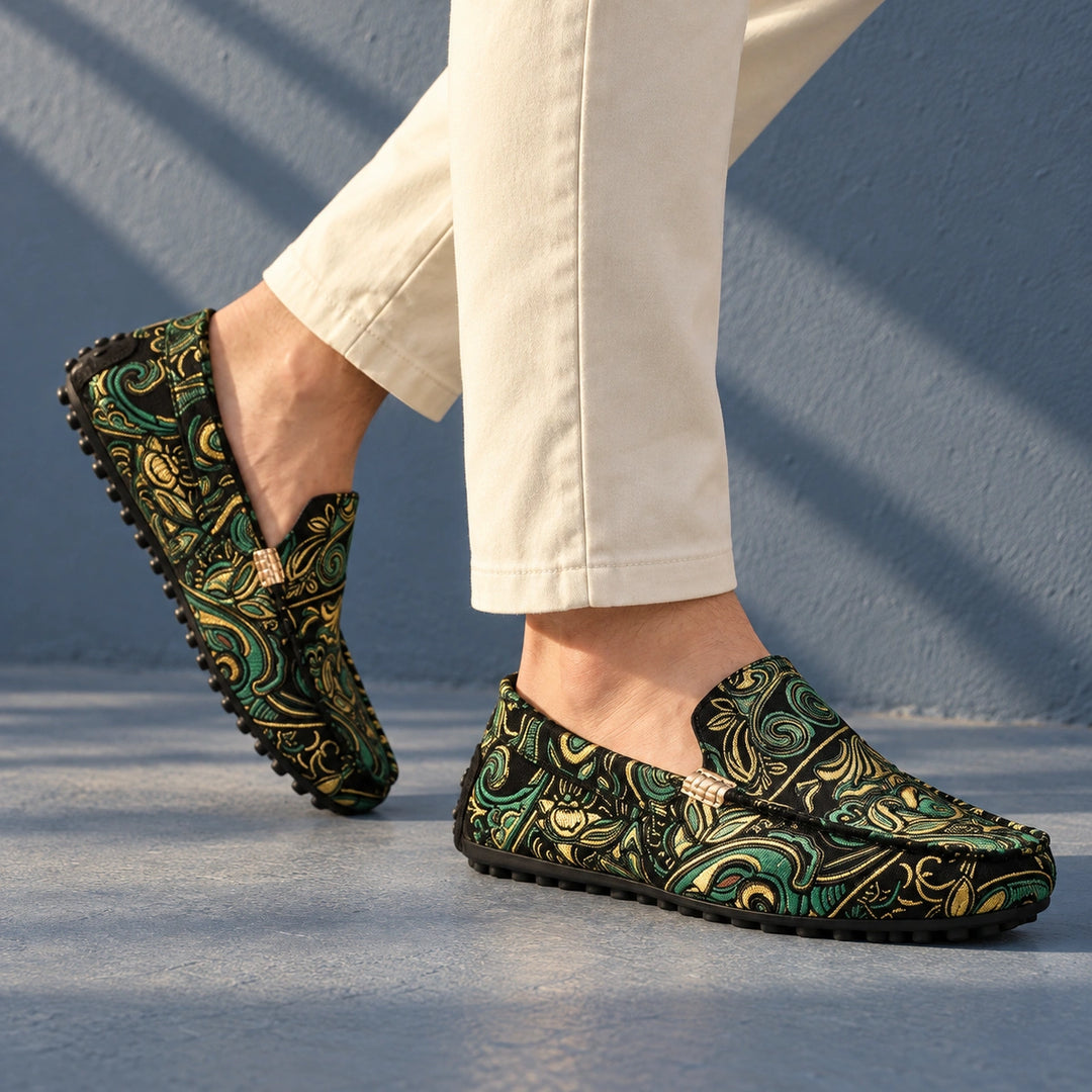 Fabien Paisley Jacquard Cloth Driving Loafers - Green