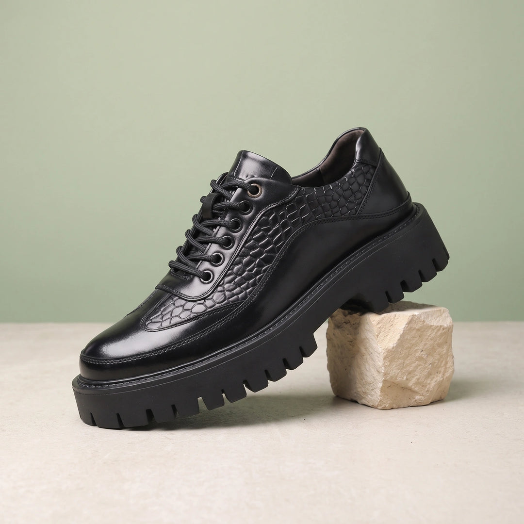 Fabrizio Croc Detail Leather Lug Sole Derby Shoes - Black