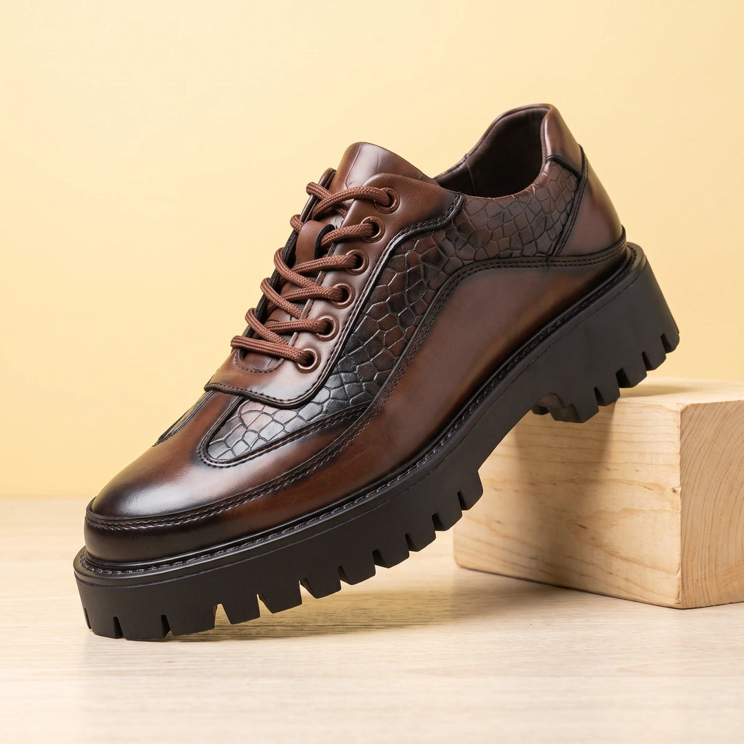 Fabrizio Croc Detail Leather Lug Sole Derby Shoes - Dark Brown