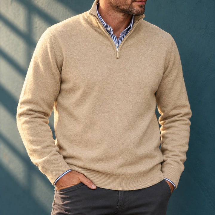 Faustino Fine Knit Stand Collar Quarter Zip Sweater - Beige