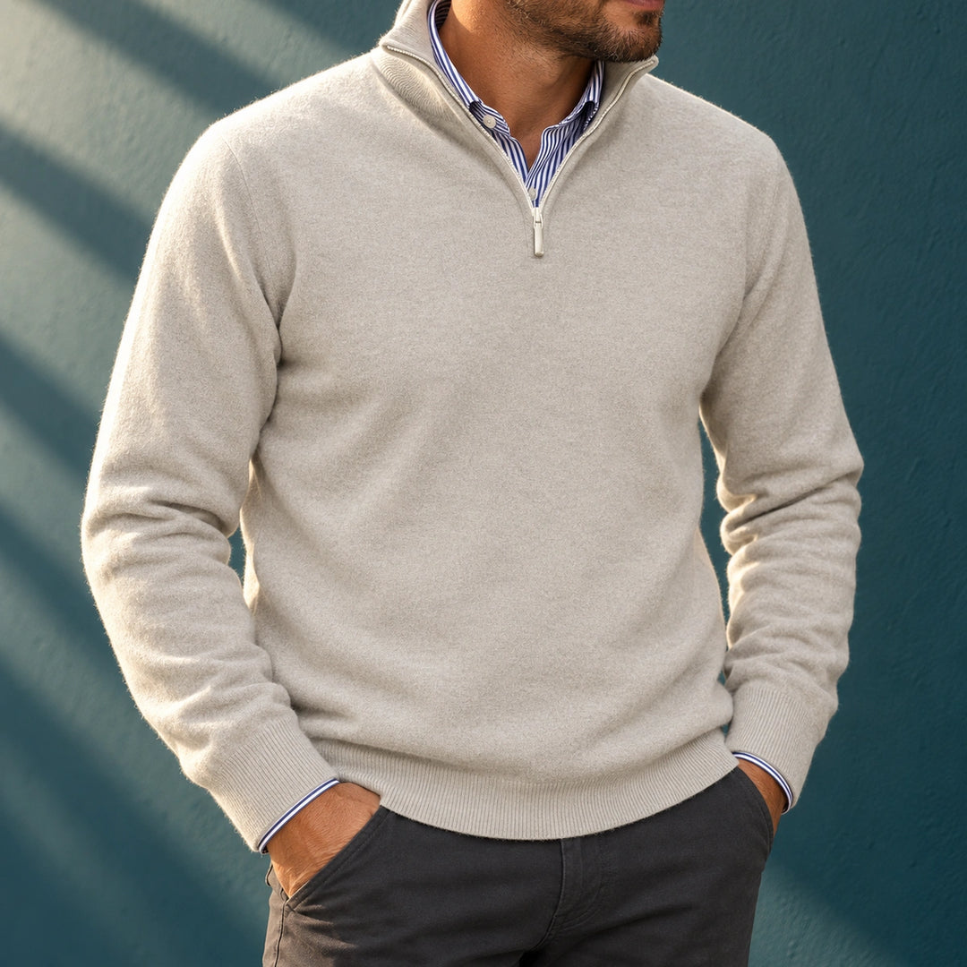 Faustino Fine Knit Stand Collar Quarter Zip Sweater - Light Gray