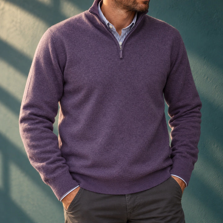 Faustino Fine Knit Stand Collar Quarter Zip Sweater - Purple